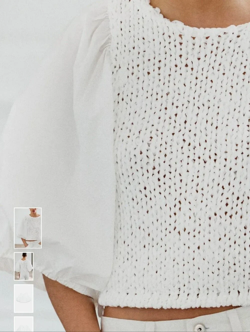 Zara White Crochet Knit Puff-Sleeve Top